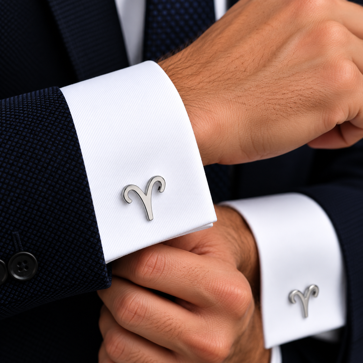 Albetro Aries zodiac silver cufflink worn on white French cuff shirt