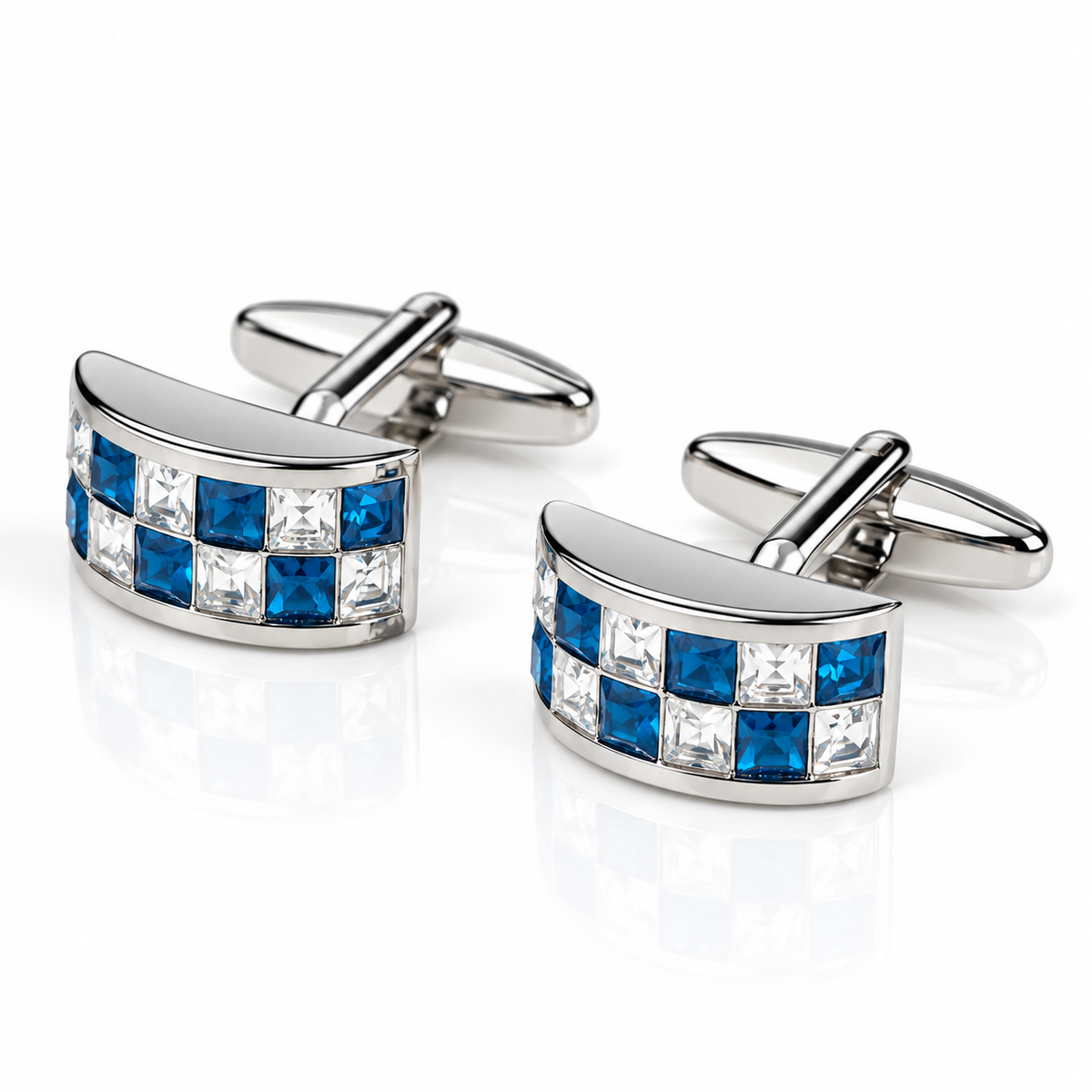 Albetro Azure Damier blue and white crystal silver cufflinks pair