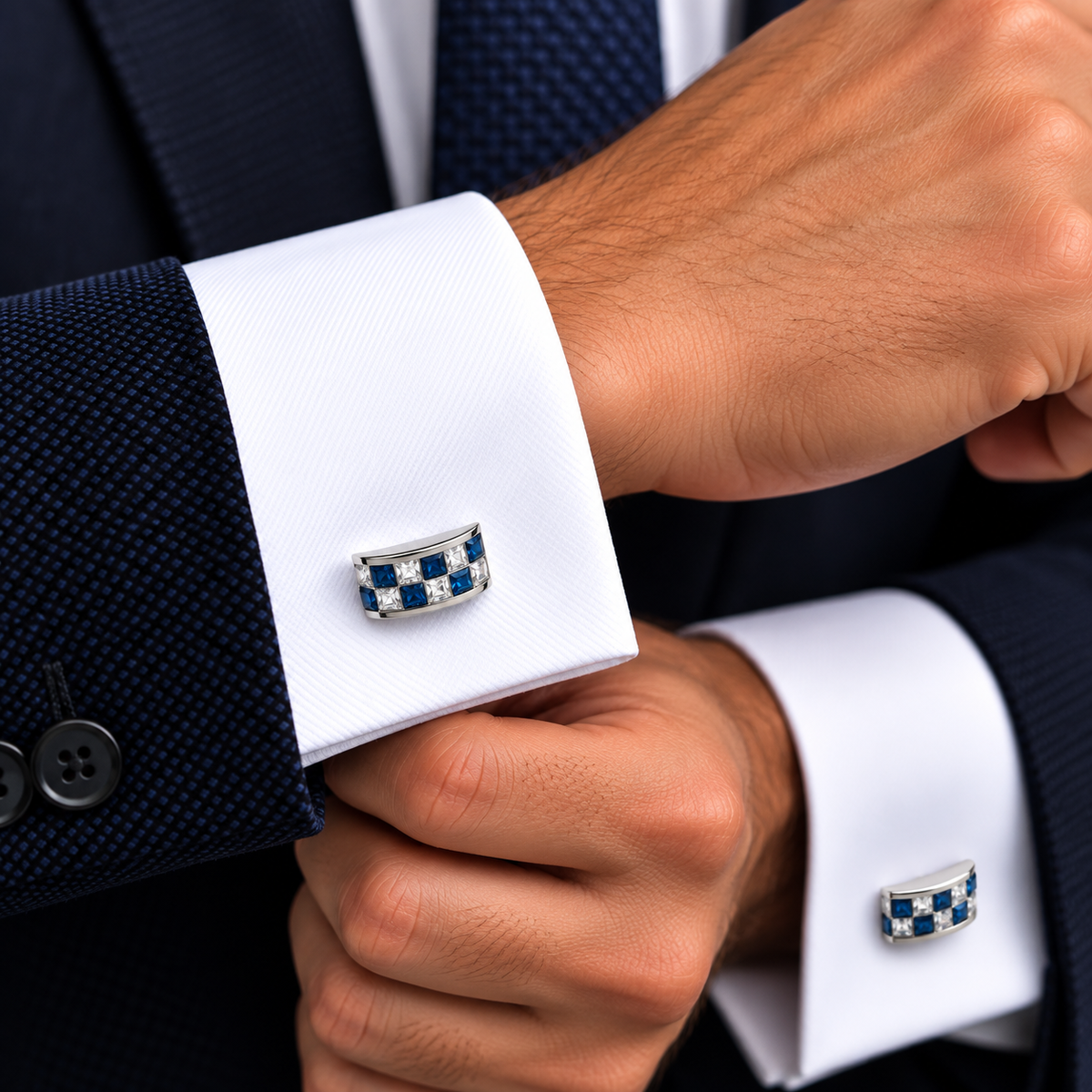 Albetro Azure Damier blue crystal silver cufflink worn on white French cuff