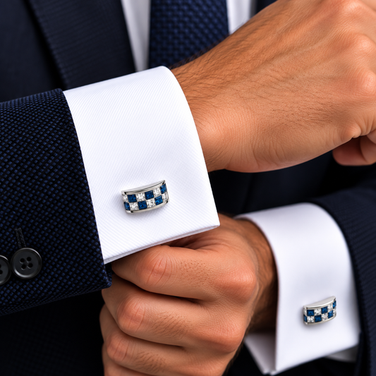Albetro Azure Damier blue crystal silver cufflink worn on white French cuff