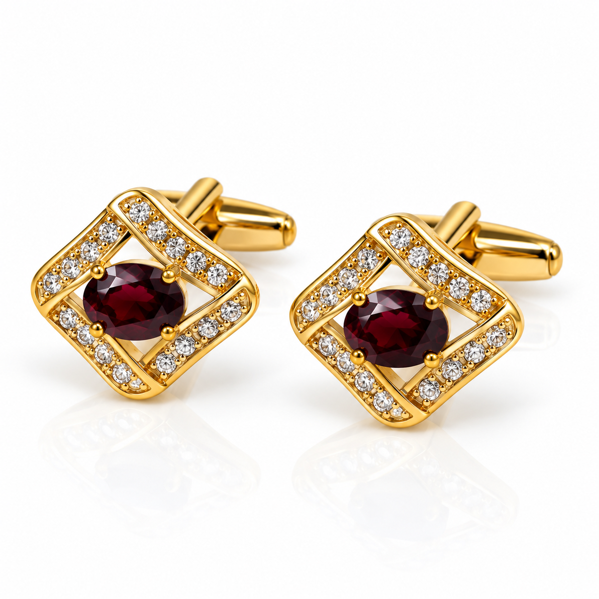 Albetro Crimson Royale red crystal gold cufflinks pair on white background