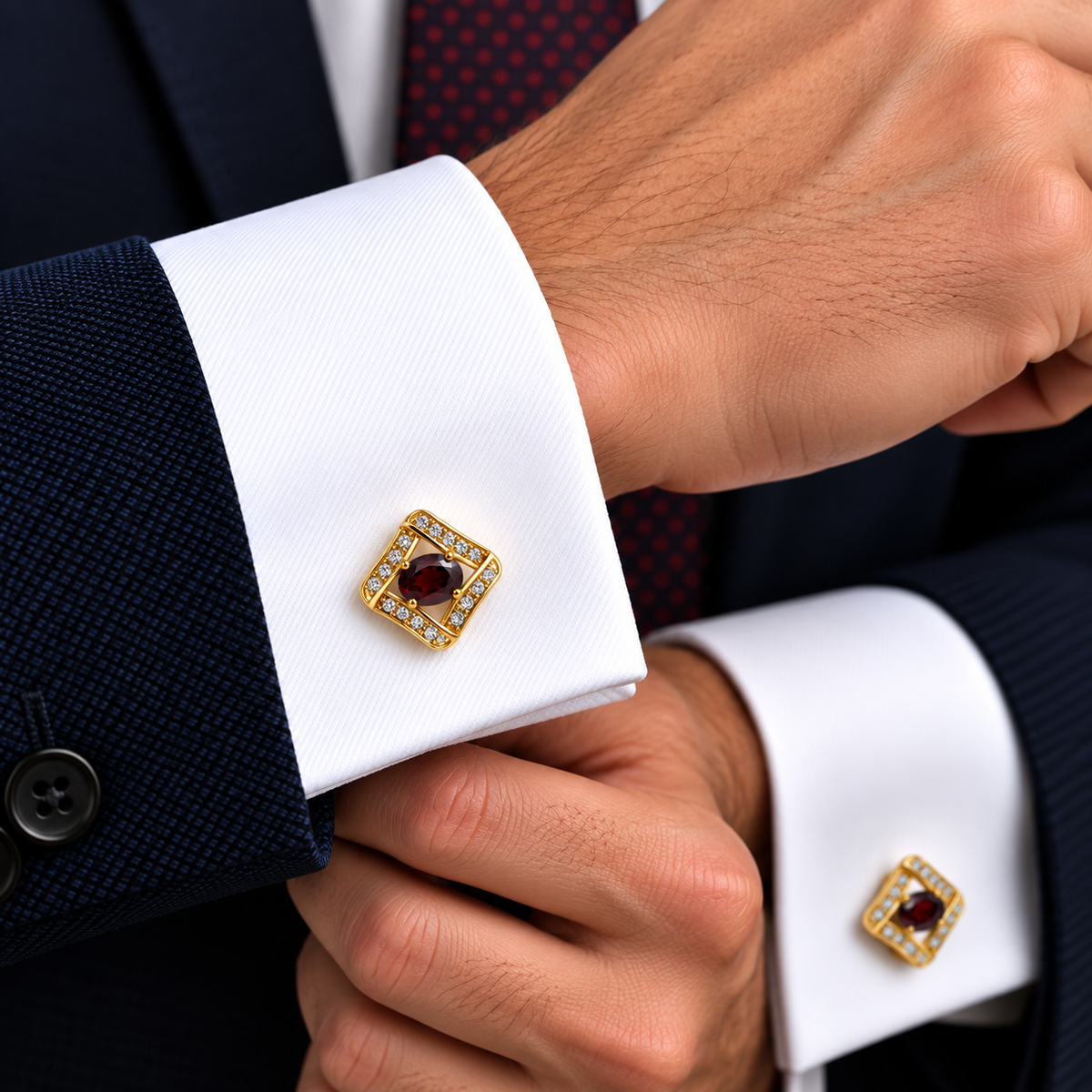 Albetro Crimson Royale red crystal gold cufflink worn on white French cuff