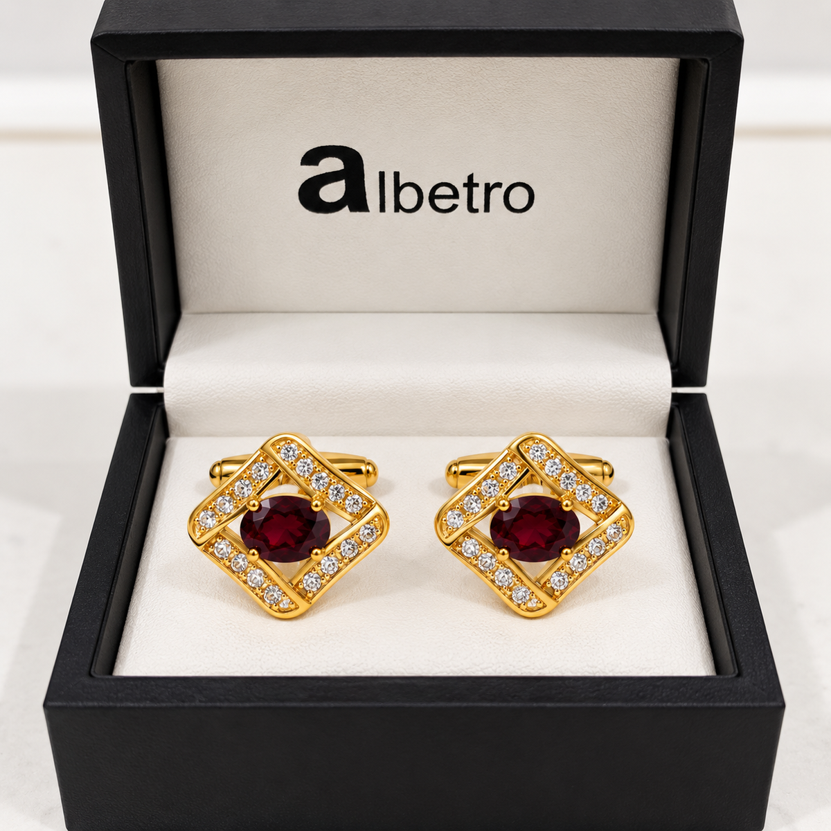 Albetro Crimson Royale red crystal gold cufflinks in black Albetro gift box