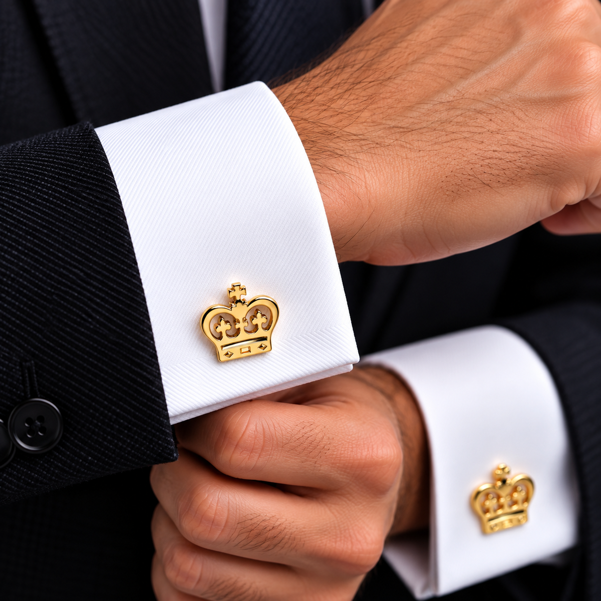 Albetro Fairway Noir golfer black gold cufflink worn on white French cuff