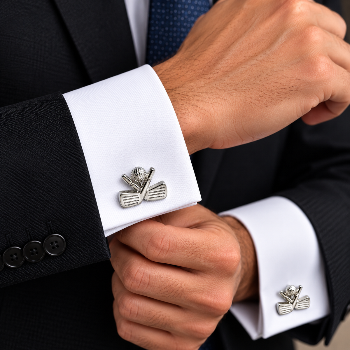 Albetro The Albatross golf clubs silver cufflink worn on white French cuff