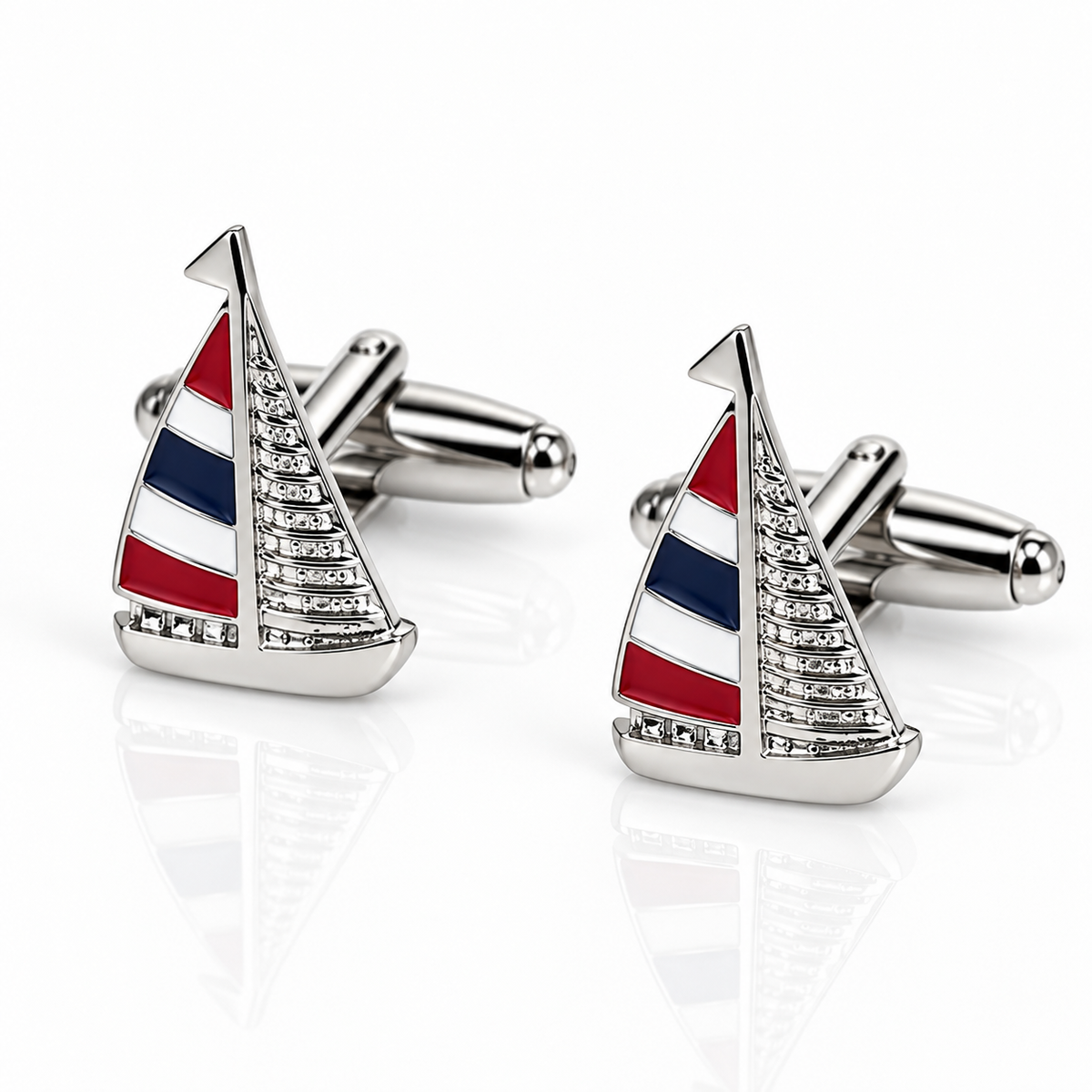Albetro Regatta red white and navy sailboat cufflinks pair on white background