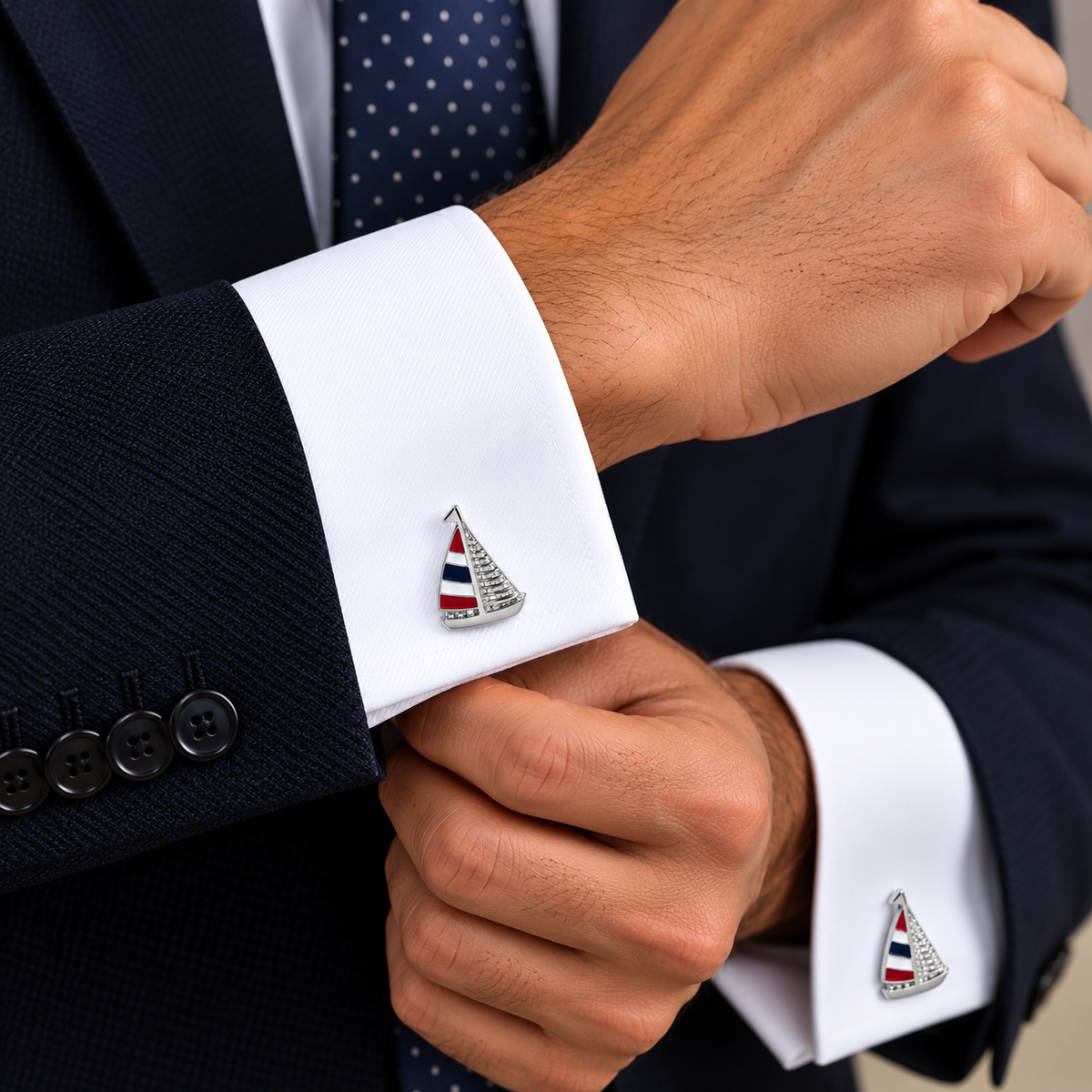 Albetro Regatta enamel sailboat silver cufflink worn on white French cuff