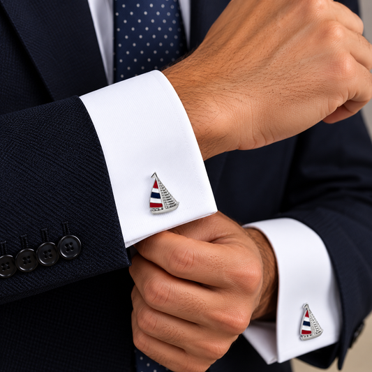 Albetro Regatta enamel sailboat silver cufflink worn on white French cuff