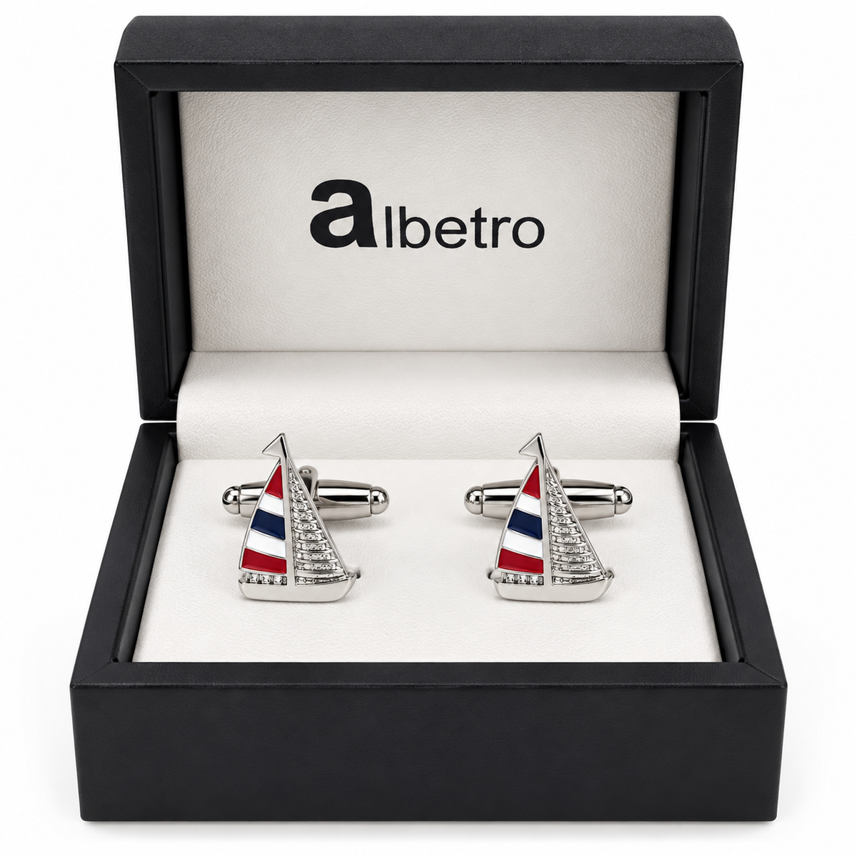 Albetro Regatta sailboat cufflinks in black Albetro gift box