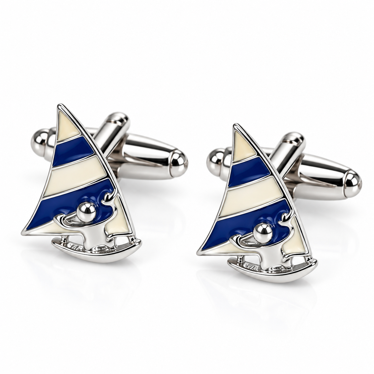 Albetro La Marina navy striped sailboat cufflinks pair on white background