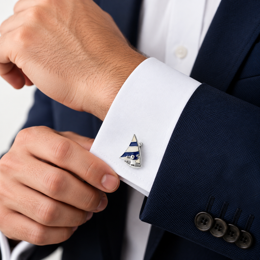 Albetro La Marina striped sail silver cufflink worn on white French cuff