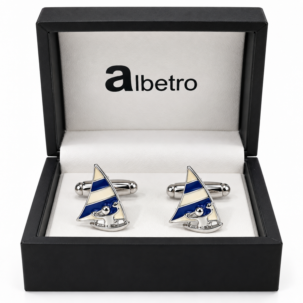 Albetro La Marina sailboat cufflinks in black Albetro gift box