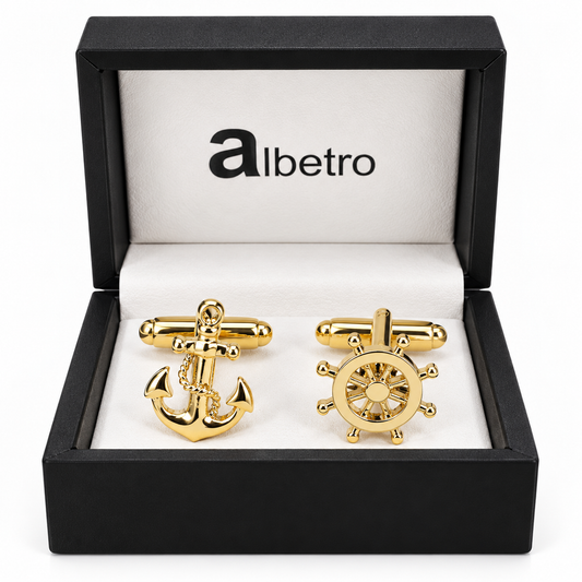 Albetro The Admiral nautical gold cufflink worn on white French cuff