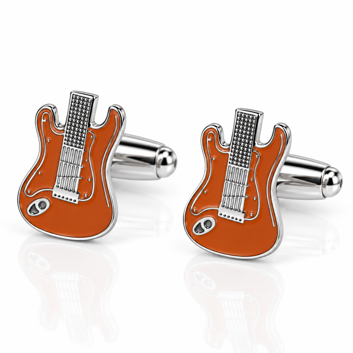 Albetro The Rockstar orange electric guitar cufflinks pair on white background