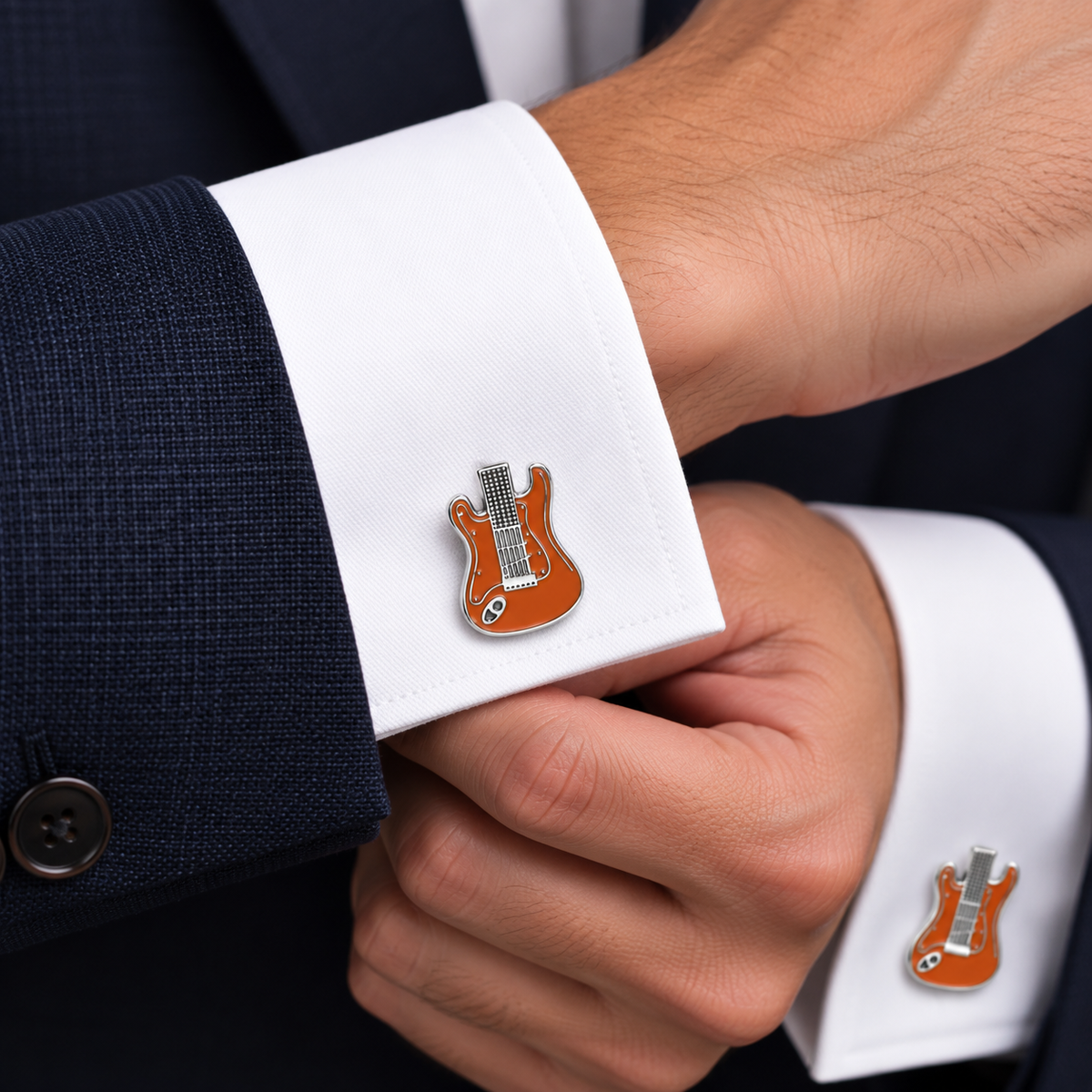 Albetro The Rockstar electric guitar cufflink worn on white French cuff