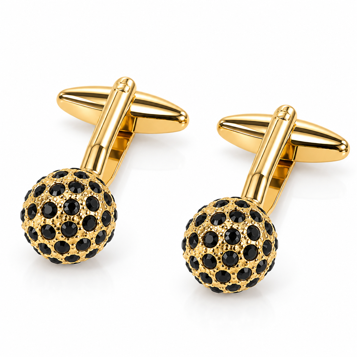Albetro Orbe Noir black crystal ball gold cufflink worn on white French cuff