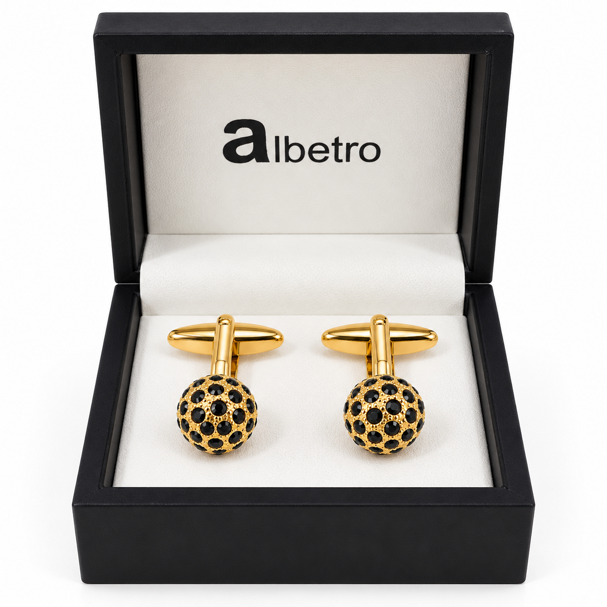 Albetro Orbe Noir black crystal gold ball cufflinks in black Albetro gift box
