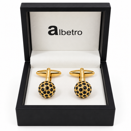 Albetro Orbe Noir black crystal gold ball cufflinks in black Albetro gift box