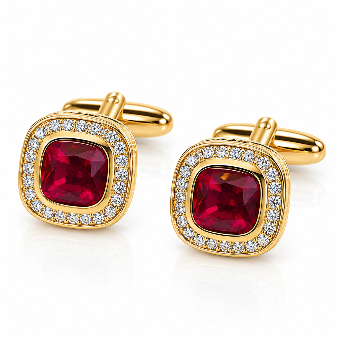 Albetro Scarlet Halo red crystal gold cufflinks pair on white background