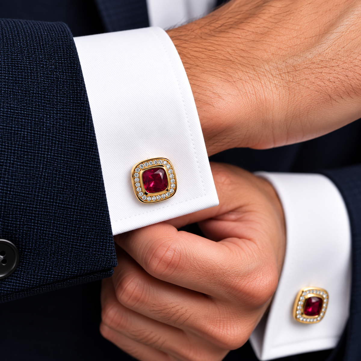 Albetro Scarlet Halo red crystal gold cufflink worn on white French cuff