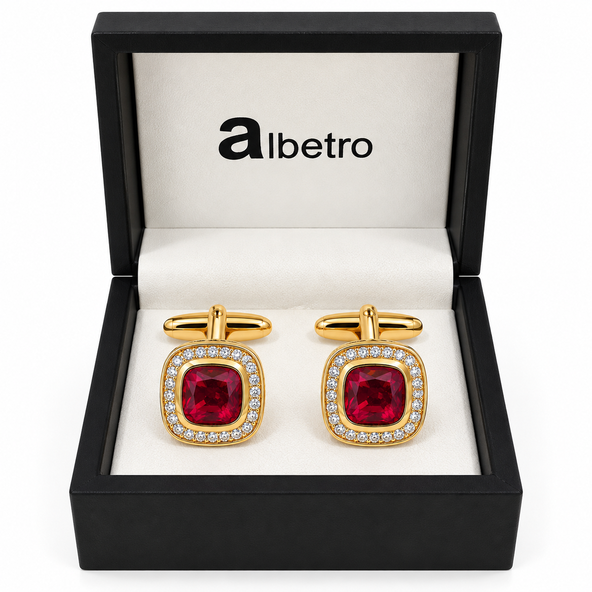 Albetro Scarlet Halo red crystal cufflinks in black Albetro gift box