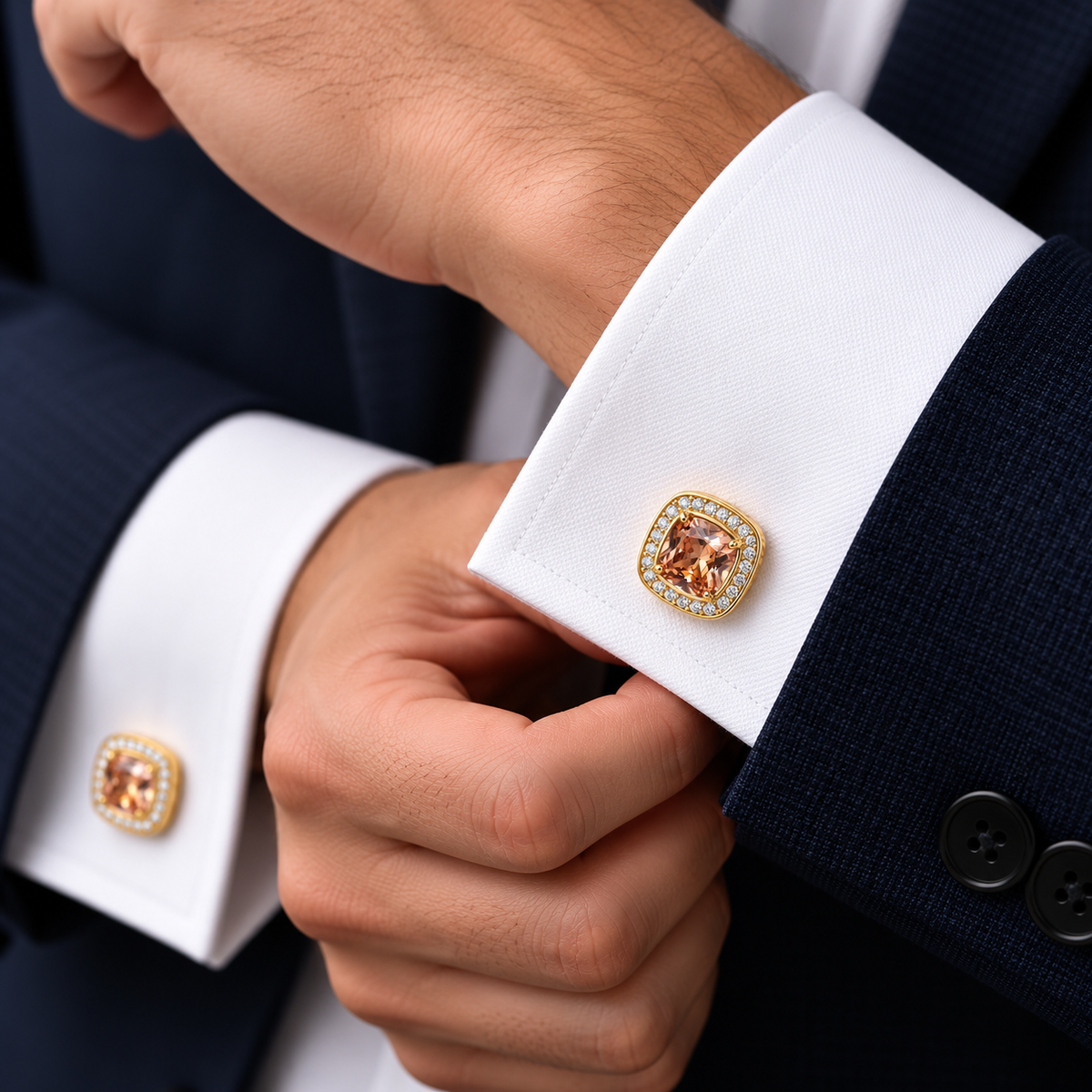Albetro Champagne Royale champagne crystal gold cufflink on white French cuff