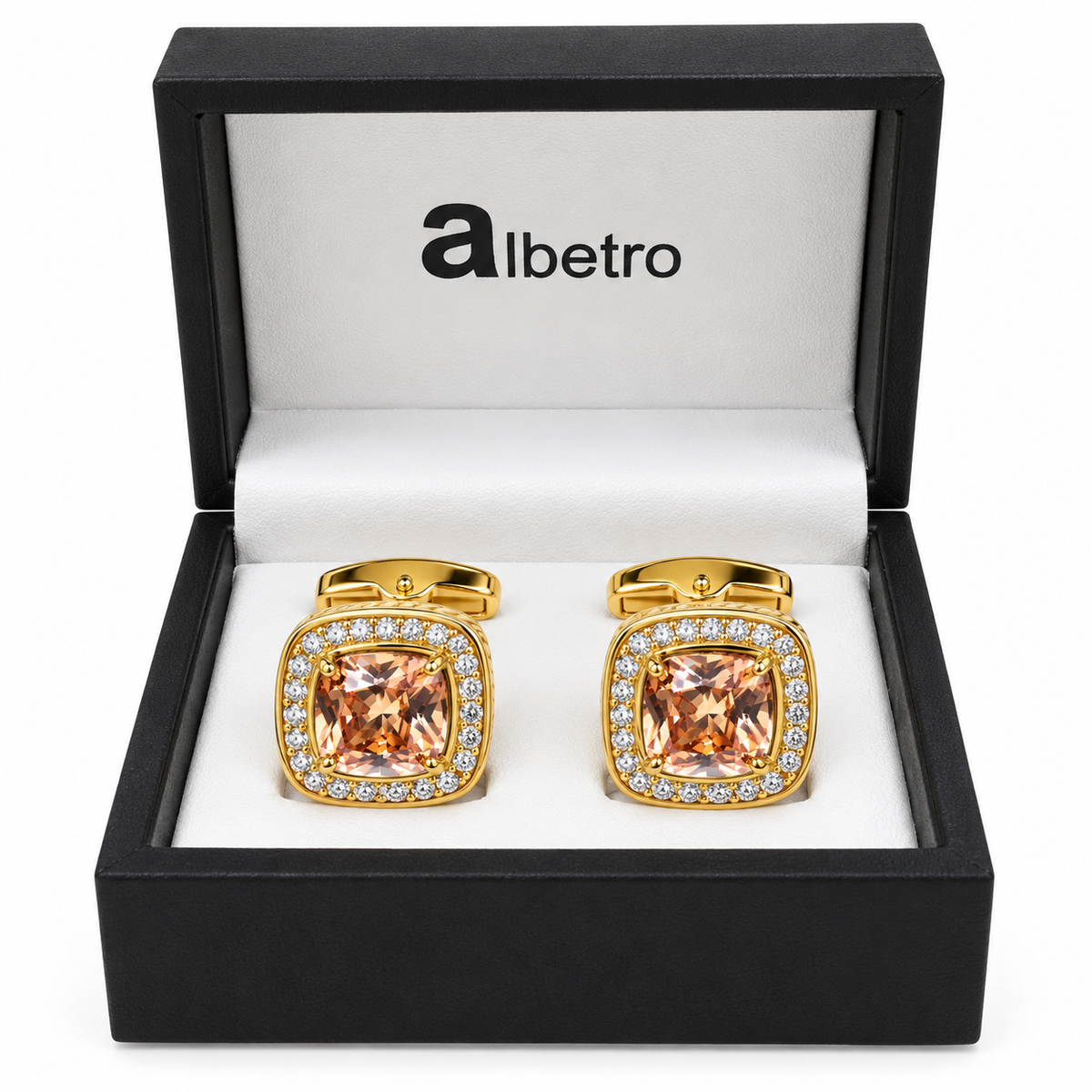 Albetro Champagne Royale crystal cufflinks in black Albetro gift box