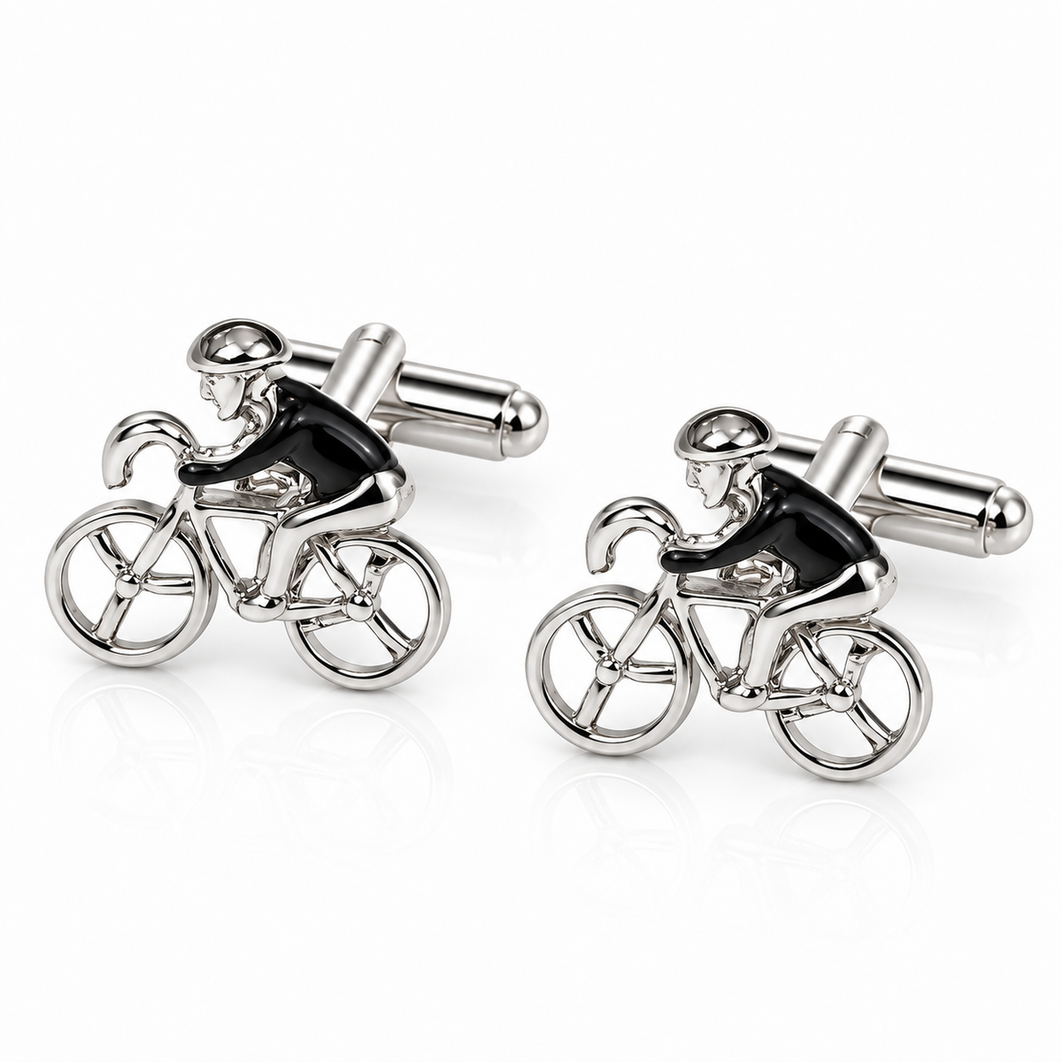 Albetro The Peloton silver bicycle cyclist cufflinks pair on white background