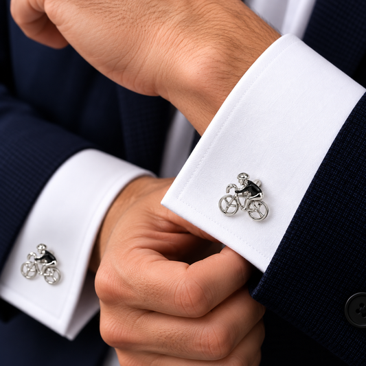 Albetro The Peloton cyclist silver cufflink worn on white French cuff shirt