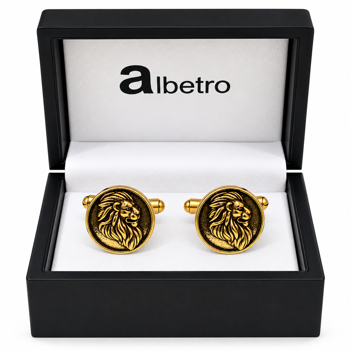 Albetro The Sovereign antique gold lion medallion cufflinks pair on white background