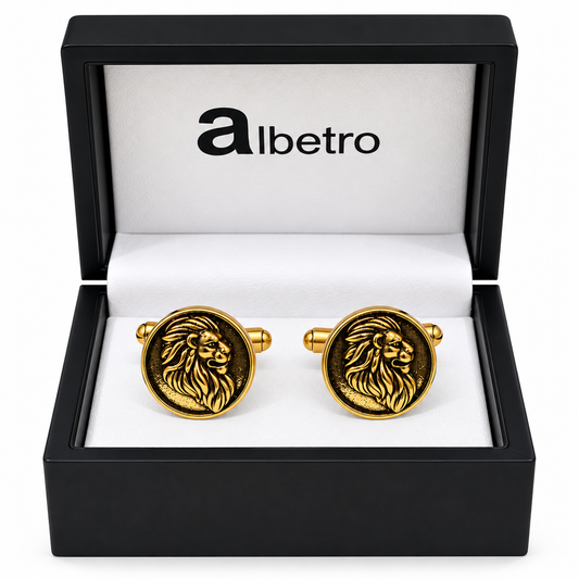 Albetro The Sovereign antique gold lion medallion cufflinks pair on white background