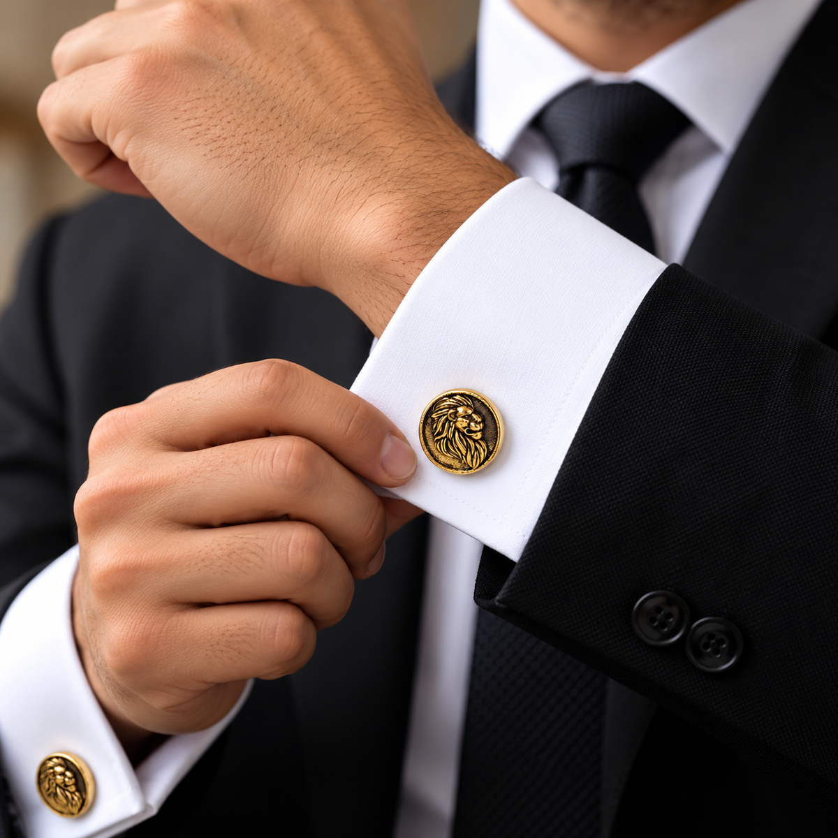 Albetro The Sovereign lion crest gold cufflink worn on white French cuff shirt