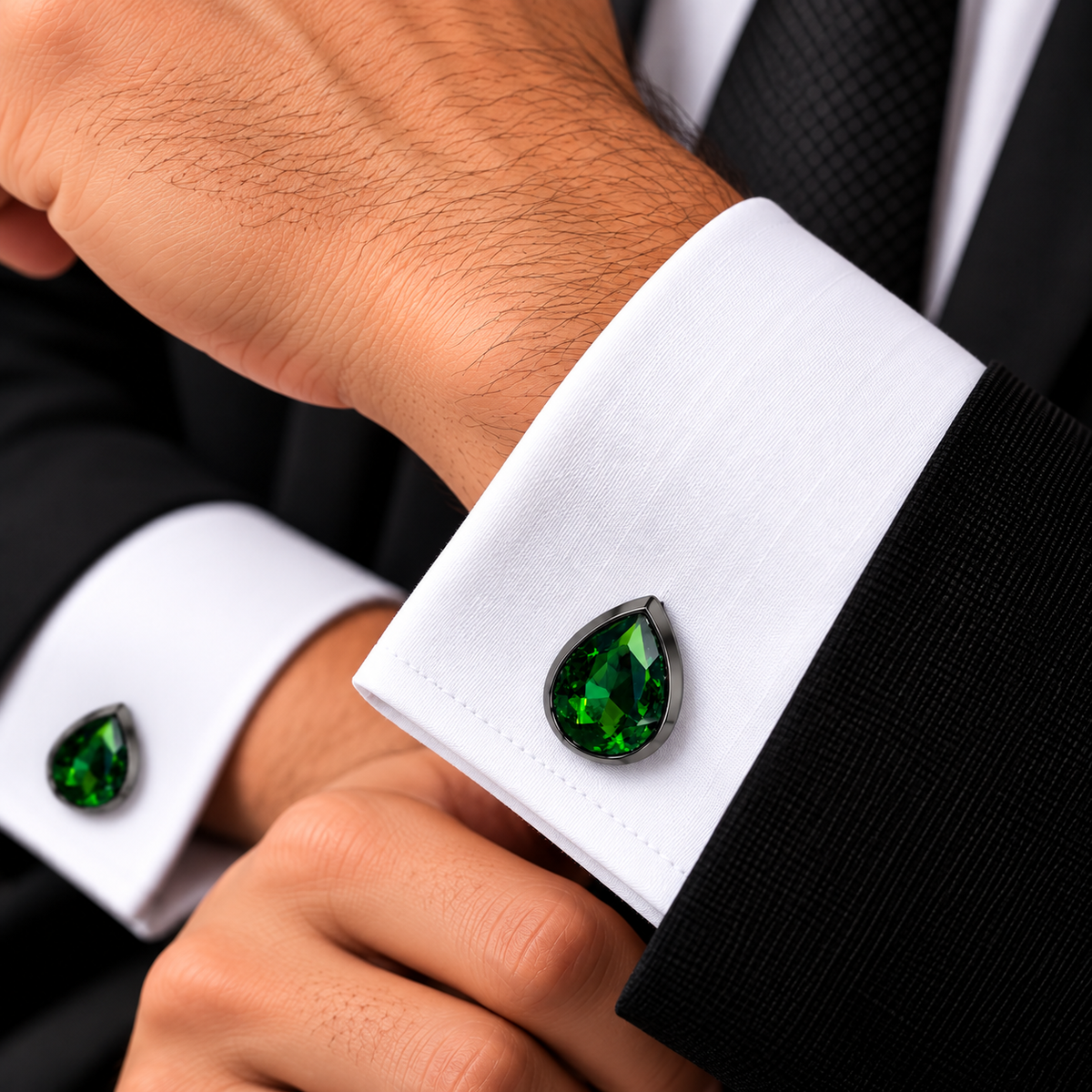 Albetro Emerald Noir green crystal cufflink worn on white French cuff