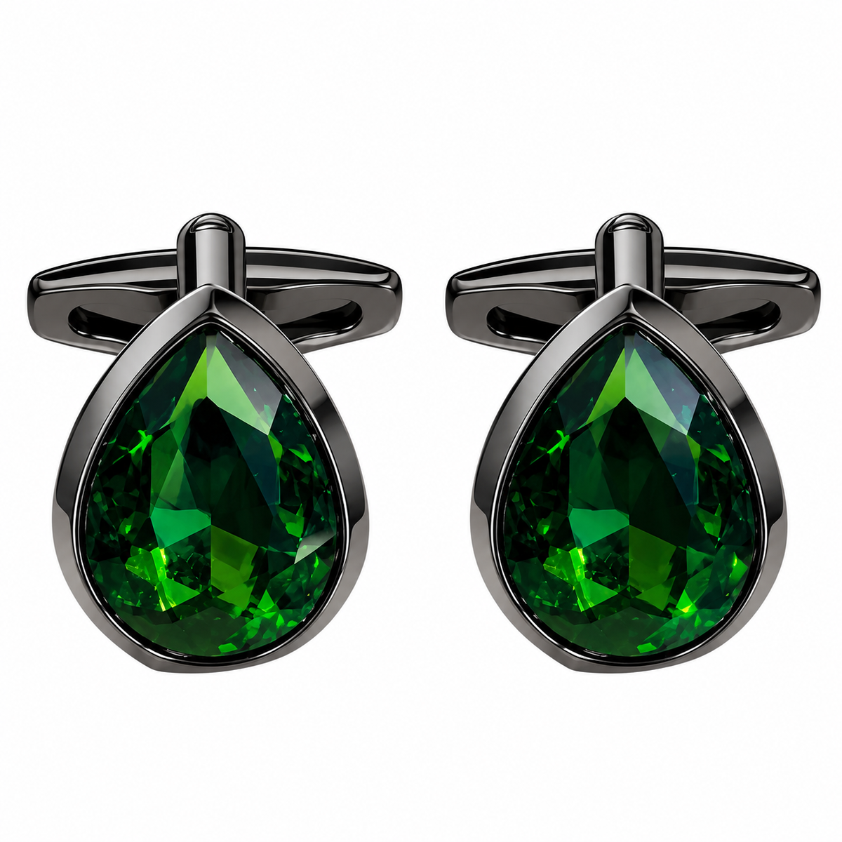 Albetro Emerald Noir green crystal gunmetal cufflinks pair on white background