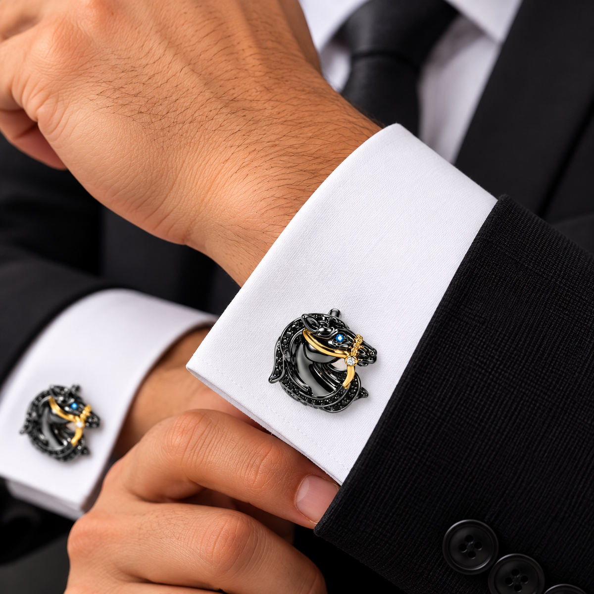 Albetro The Night Stallion black horse cufflink worn on white French cuff