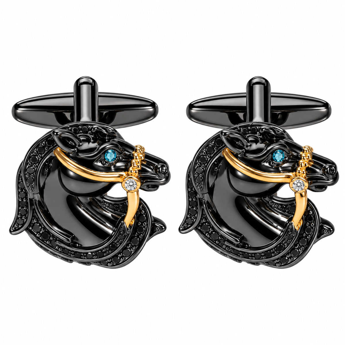Albetro The Night Stallion black horse cufflinks pair with gold bridle