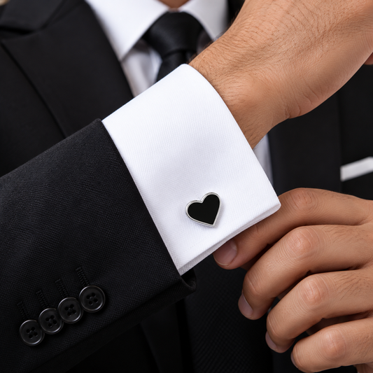 Albetro Coeur Noir black heart cufflink worn on white French cuff