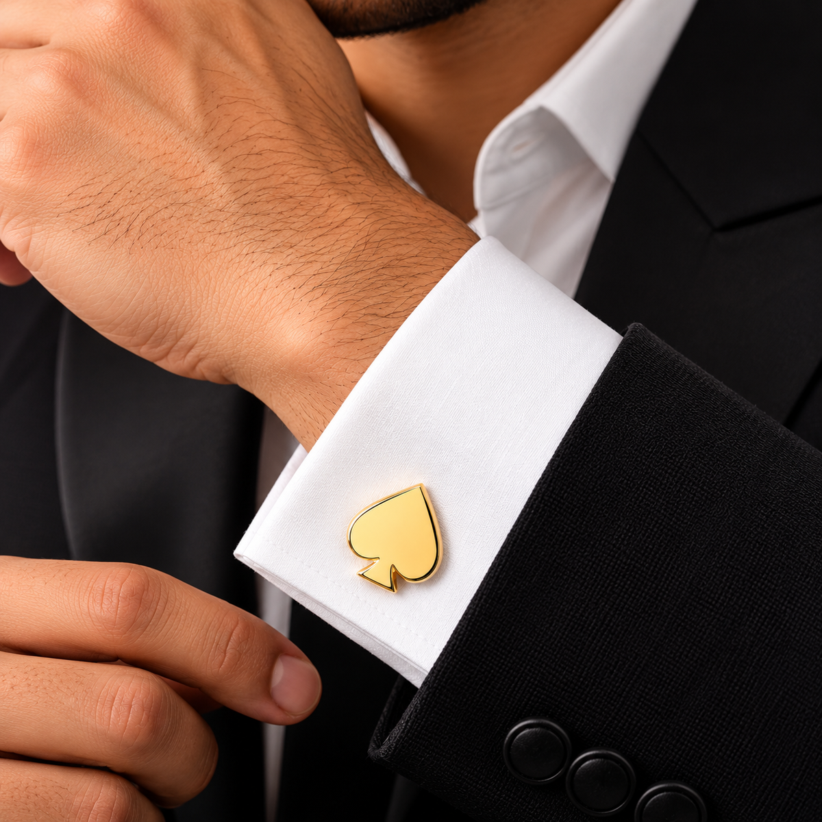 Albetro The Ace gold spade cufflink worn on white French cuff