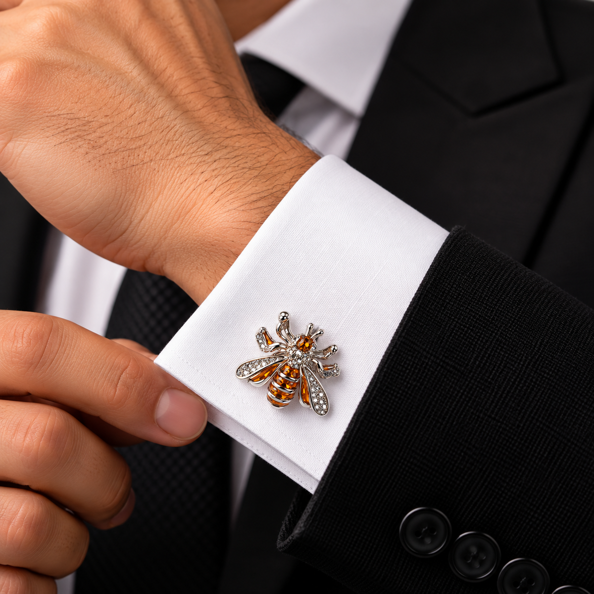 Albetro The Royal Bee crystal bee cufflink worn on white French cuff