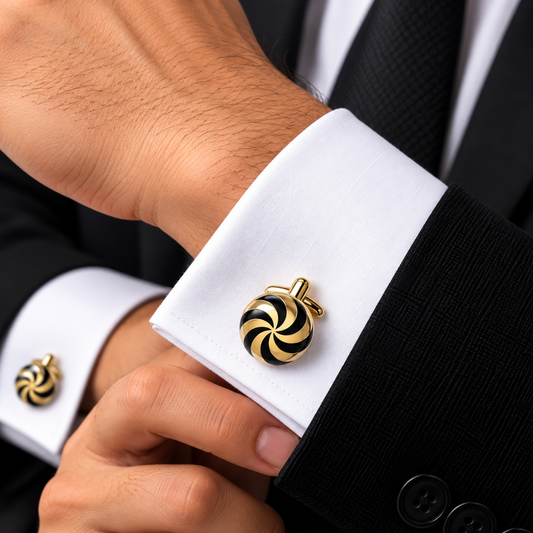 Albetro Vortex d'Or black gold swirl cufflink worn on white French cuff