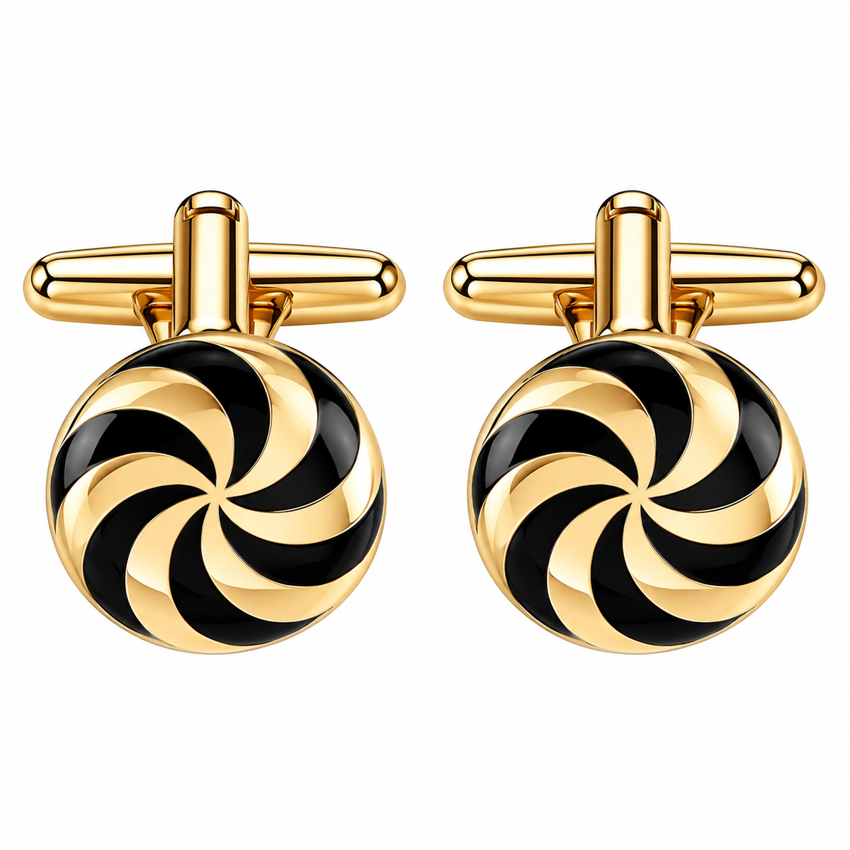 Albetro Vortex d'Or black and gold swirl cufflinks pair on white background