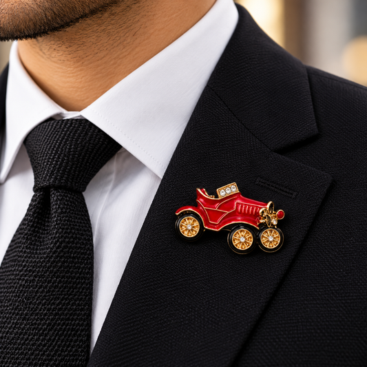 Albetro The Vintage Motor red enamel car lapel pin on black suit lapel
