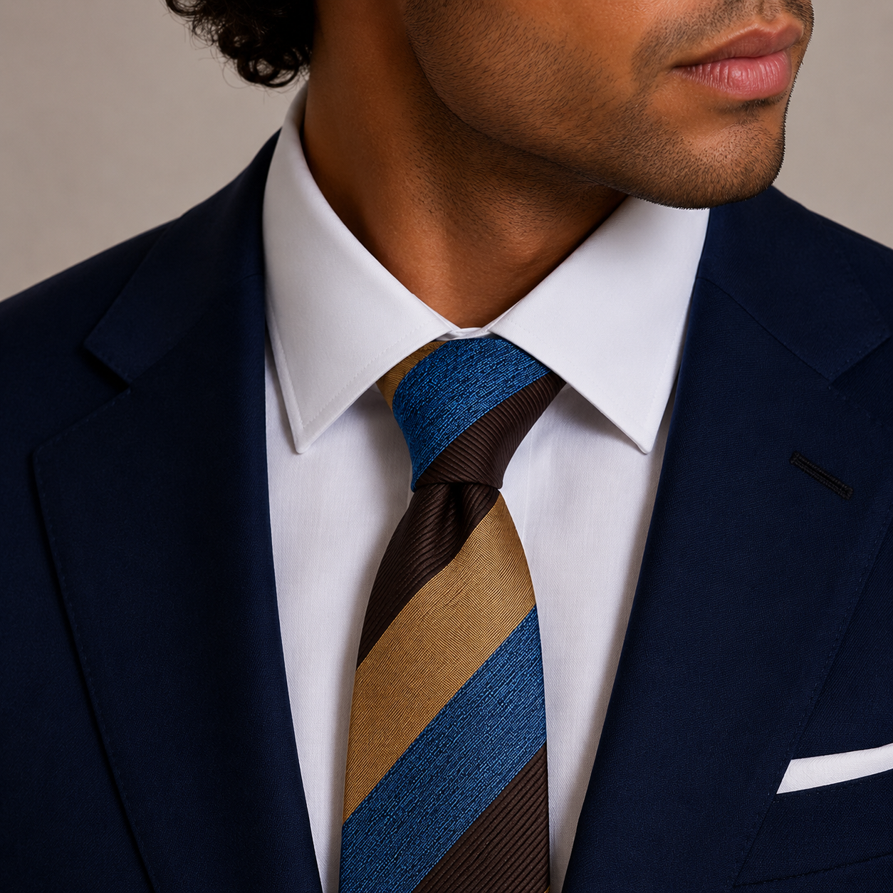 Blue Brown Tan Tricolor Diagonal Stripe Necktie
