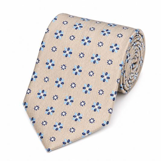 Cream Beige Floral Flower Motif Necktie