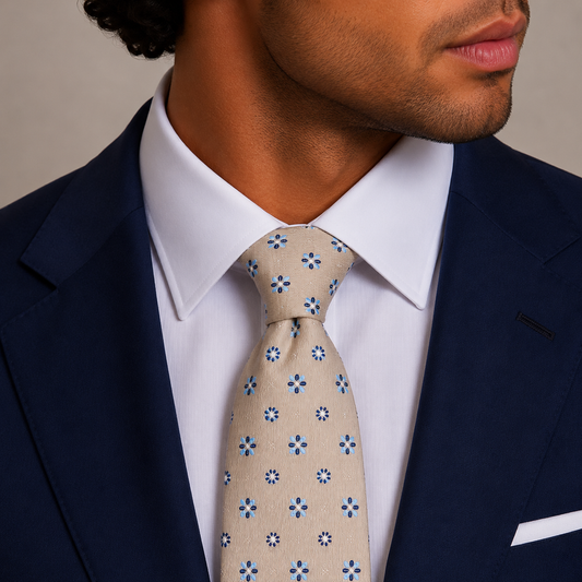 Cream Beige Floral Flower Motif Necktie