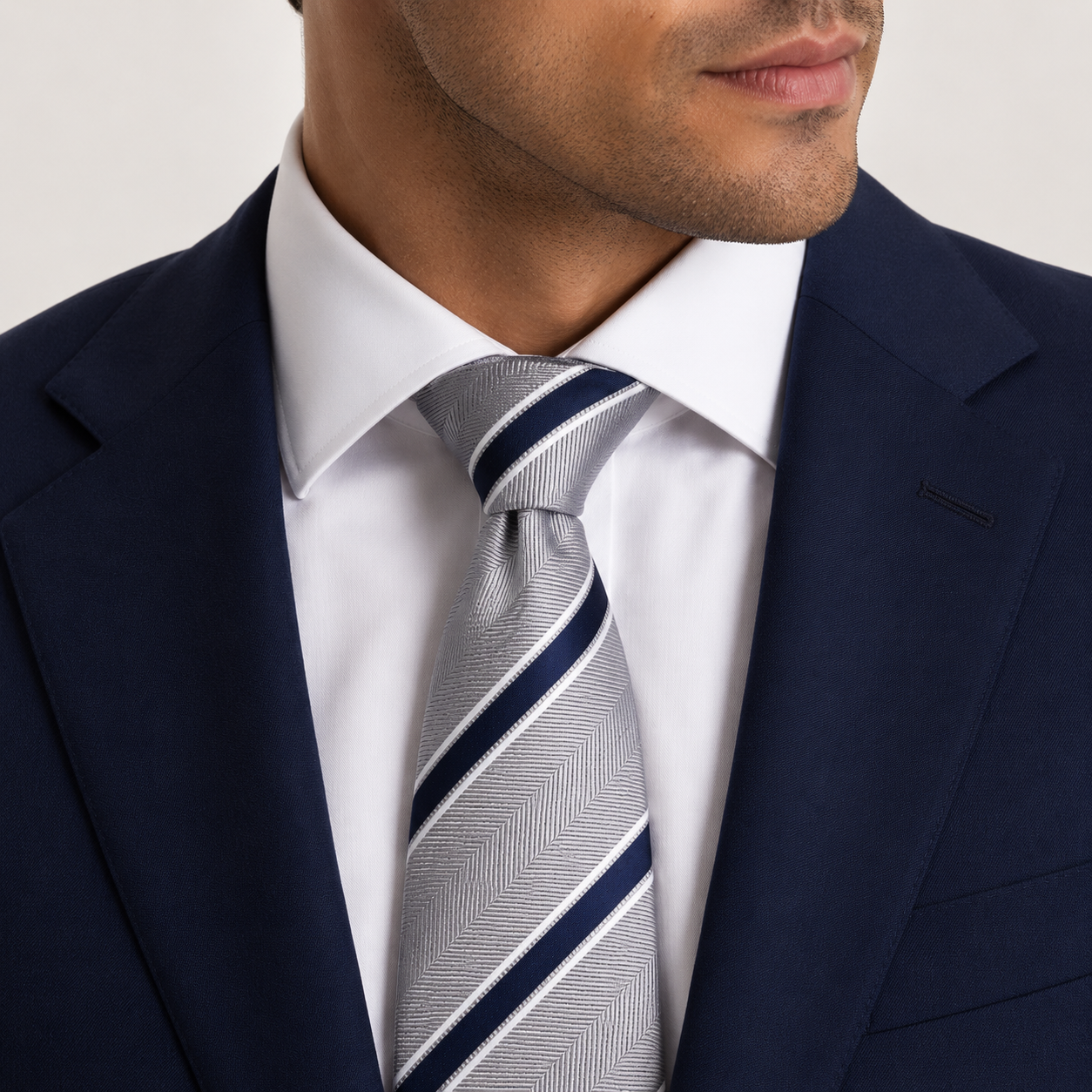 Light Grey Navy Herringbone Stripe Formal Tie
