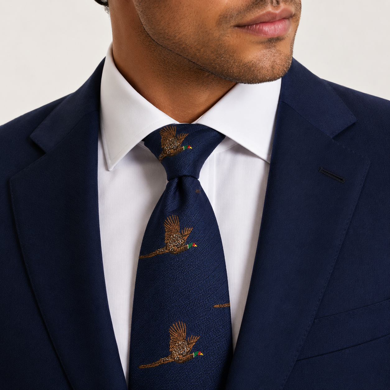 Navy Pheasant Flying Birds Heritage Motif Necktie 