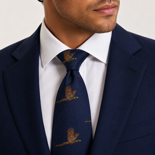 Navy Pheasant Flying Birds Heritage Motif Necktie 