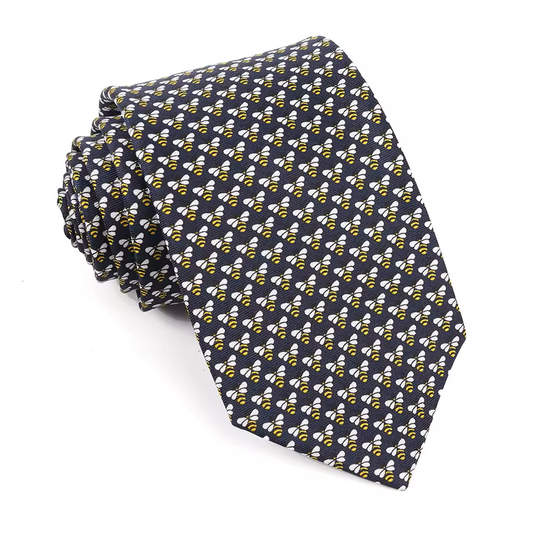 Navy Yellow Bee Motif Silk Necktie