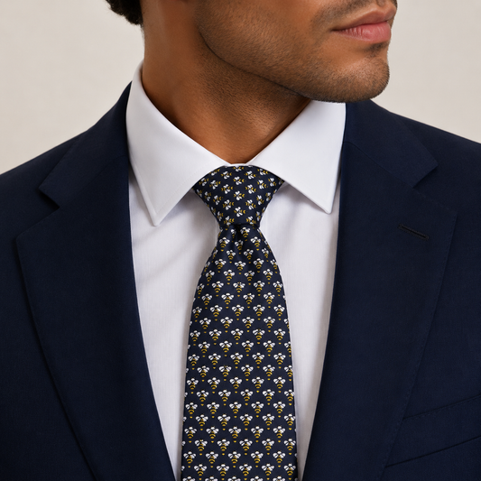 Navy Yellow Bee Motif Silk Necktie